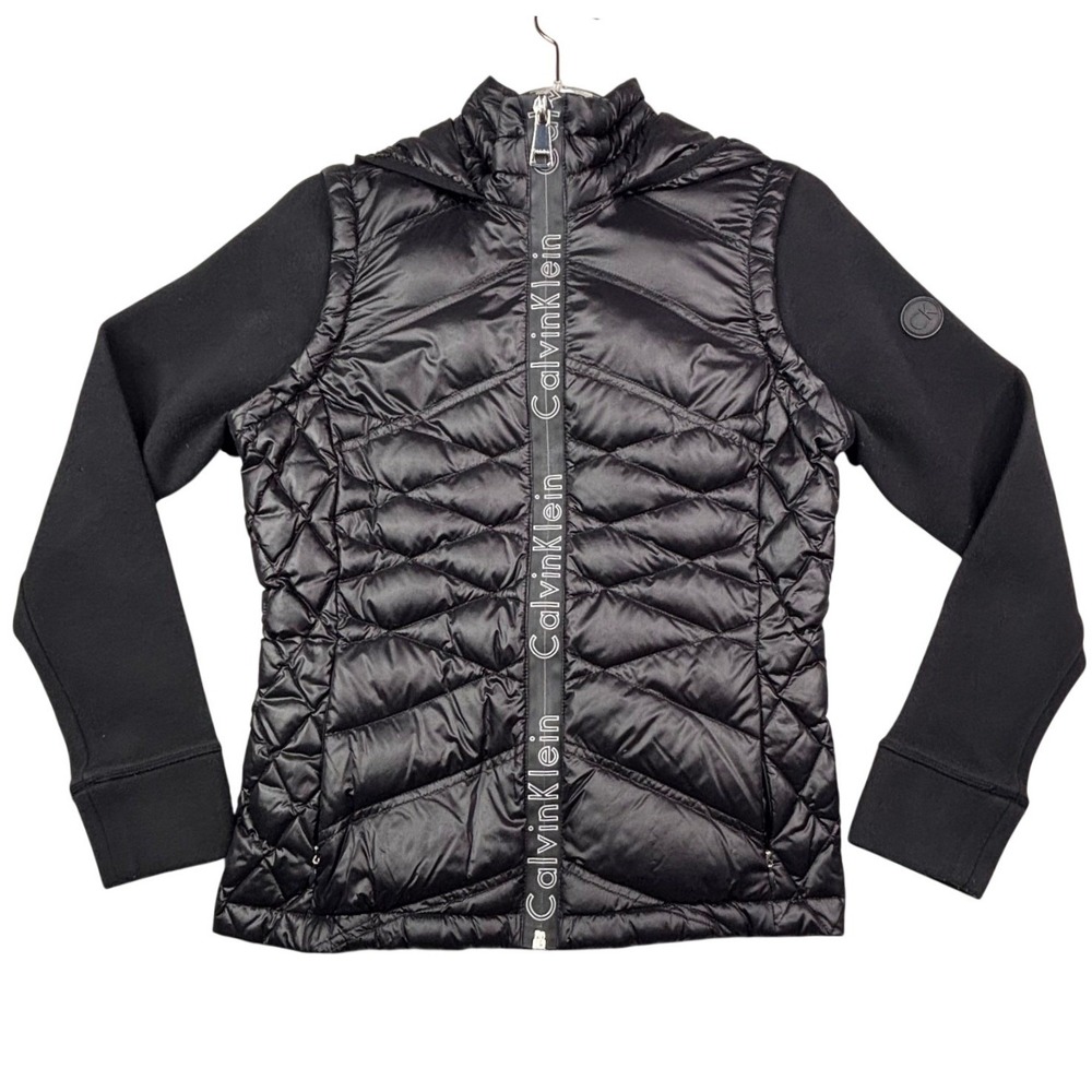 Calvin Klein Womens Black Hybrid Puffer Jacket Hooded Down Quilted Coat Small